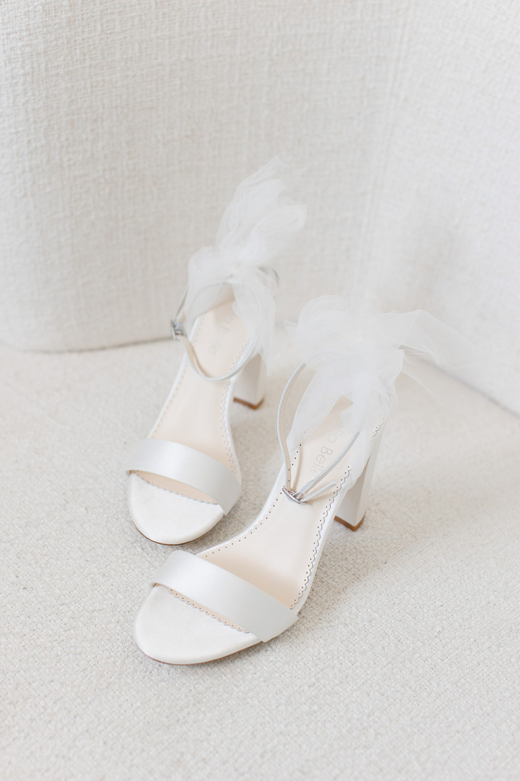 Reina - Ivory Open Toe Tulle Bow Block Heel Sandals with Ankle Straps