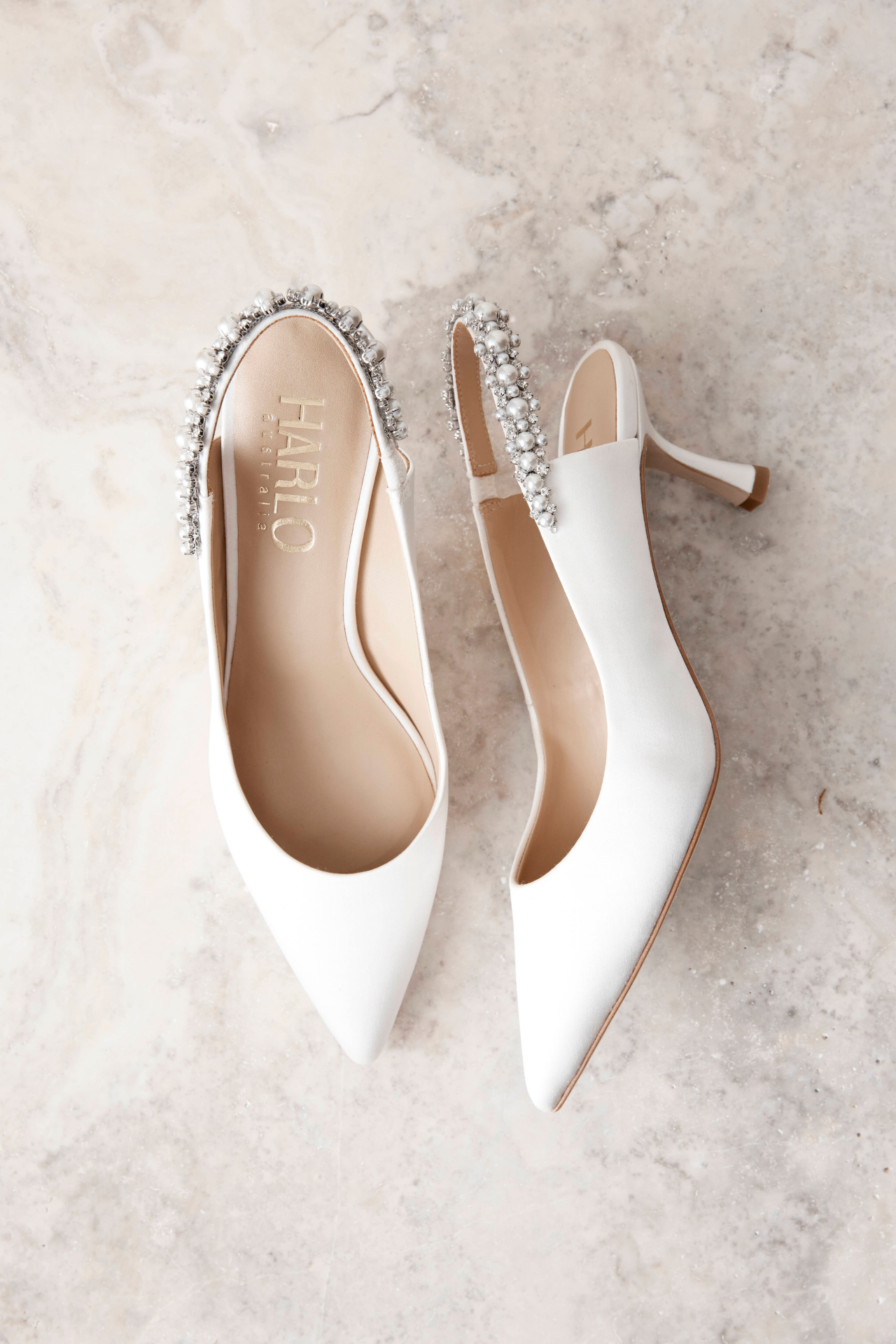Nina Pearl - White Pearl & Crystal Embellished Sling Back Low Bridal Pump