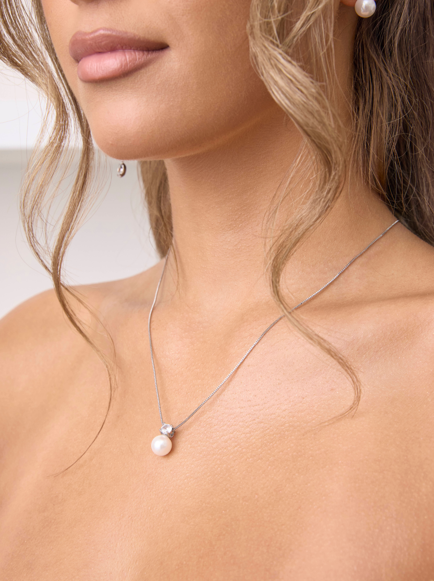 Anna - Delicate Crystal and Pearl Drop Bridal Necklace - Silver