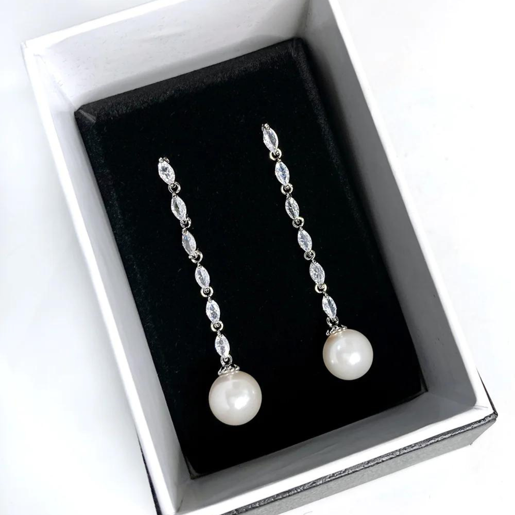 Melanie - Long Drop Navette Crystal and Pearl Bridal Earrings