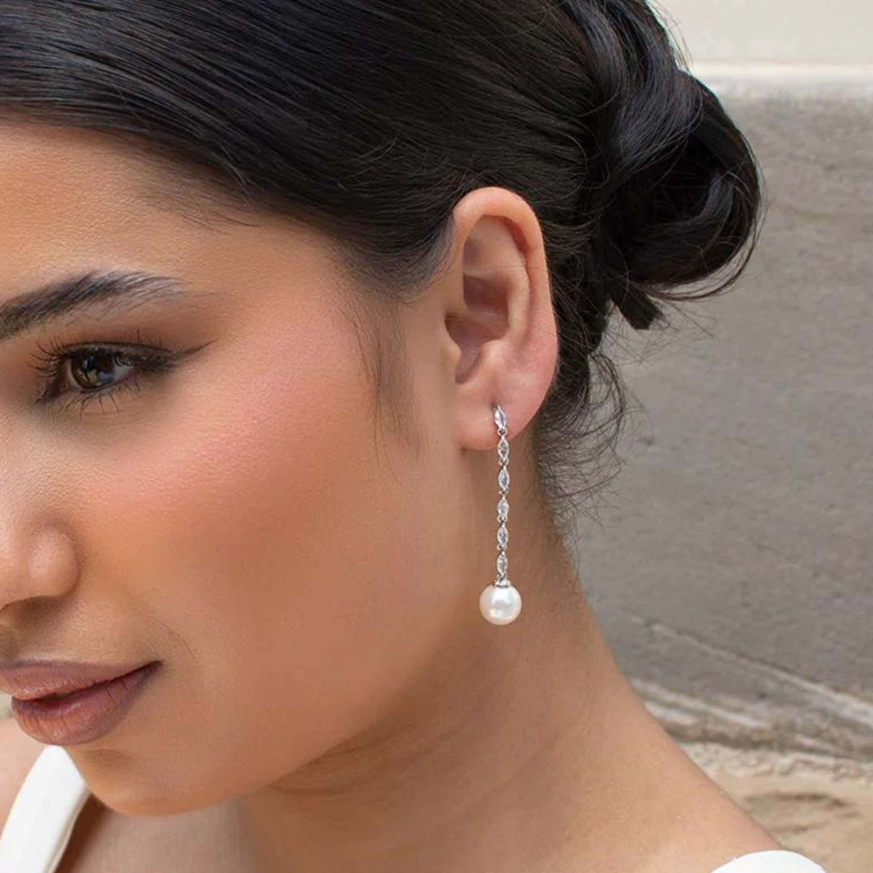 Melanie - Long Drop Navette Crystal and Pearl Bridal Earrings