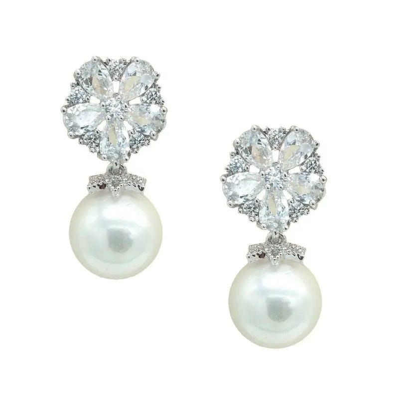 Lilibeth - Floral Crystal Pearl Bridal Drop Earrings