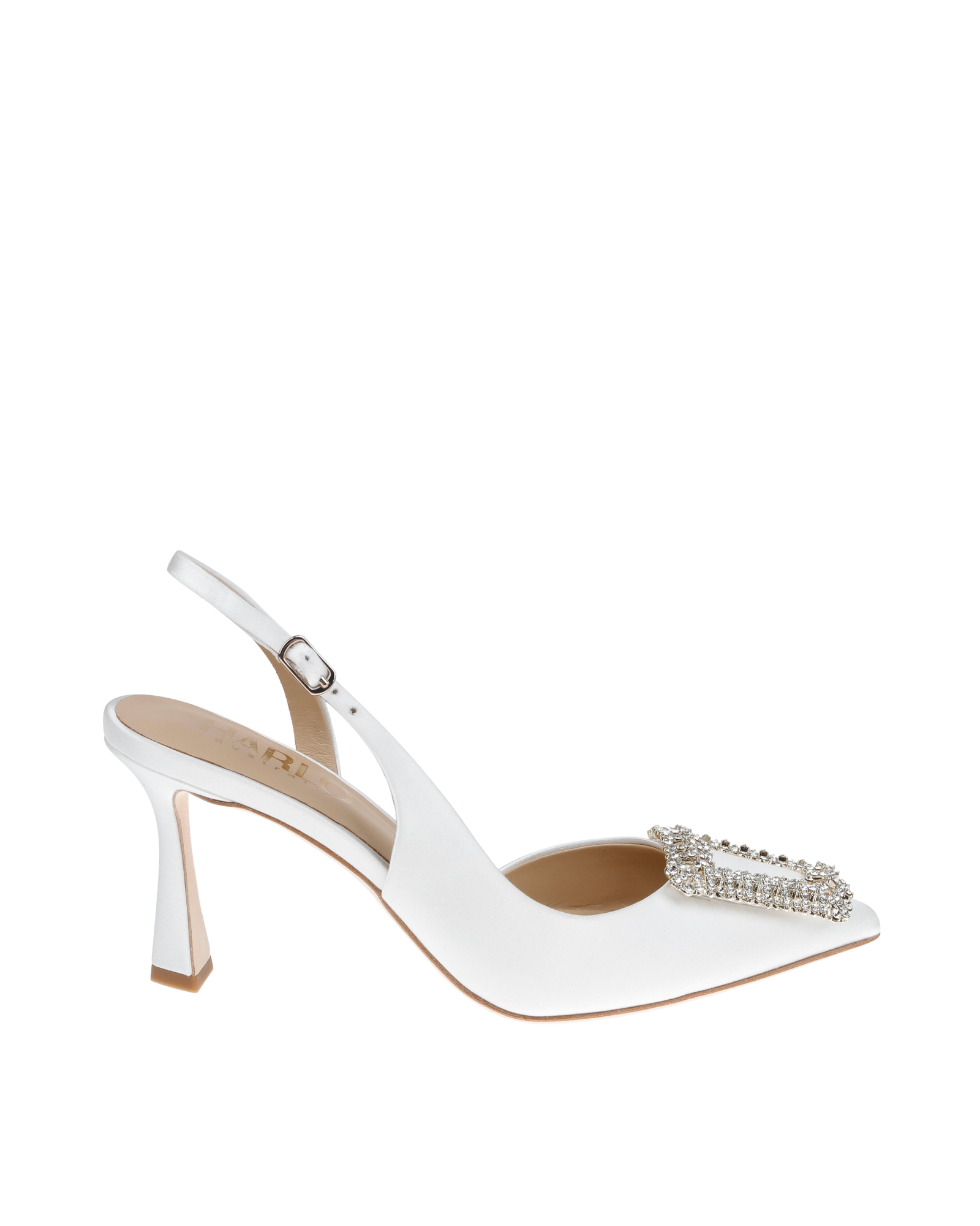 Freya - Pointed Toe Slingback Stiletto with Crystal Buckle - Soft White