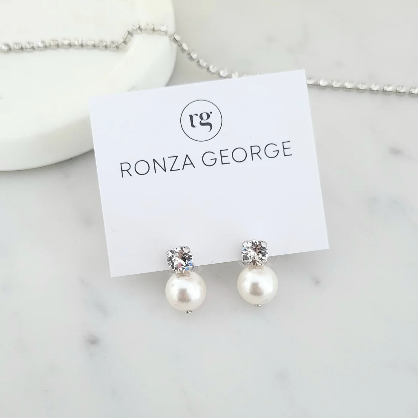 Leah Pearl - Swarovski Crystal and Pearl Bridal Stud Earrings - Rhodium Silver