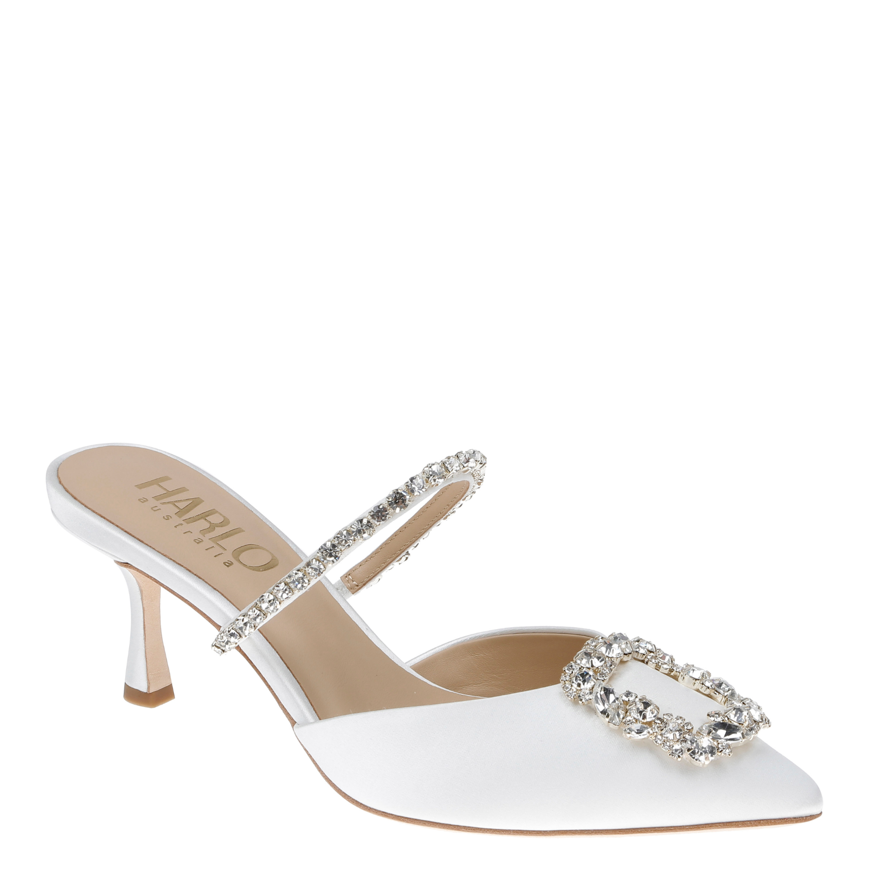 Faith - Pointed Toe Crystal Embellished Kitten Mule - Soft White