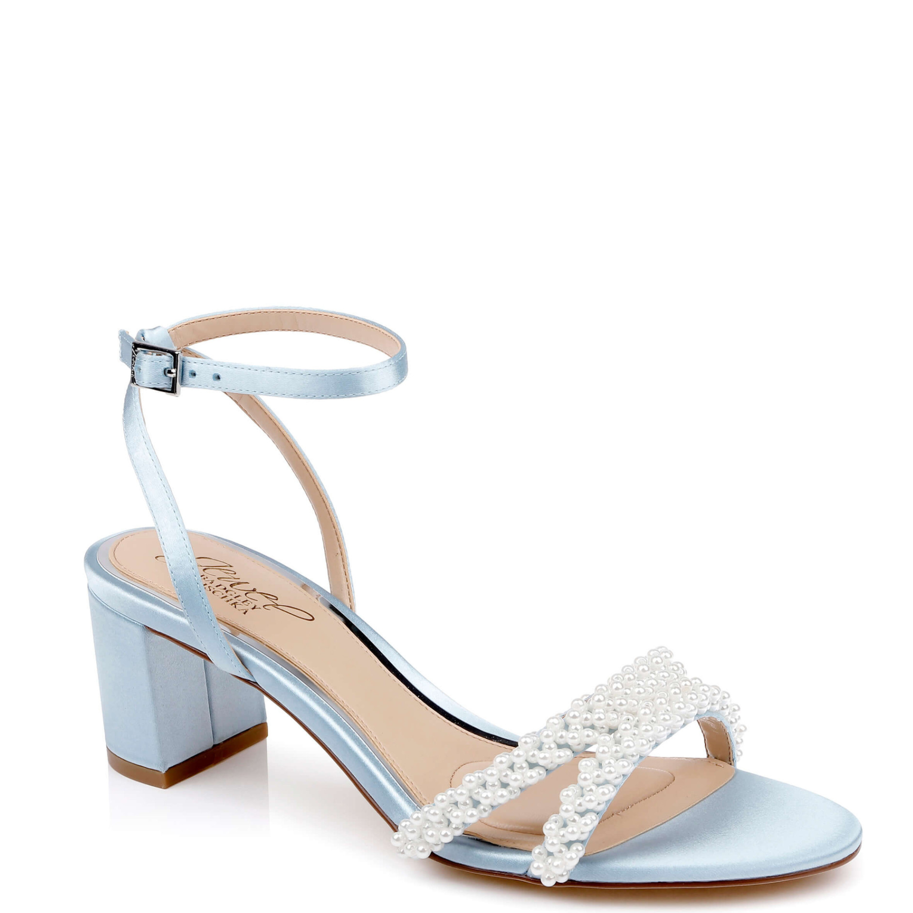 Ninnette - Open Toe Strappy Pearl Low Block Heel - Sky Blue