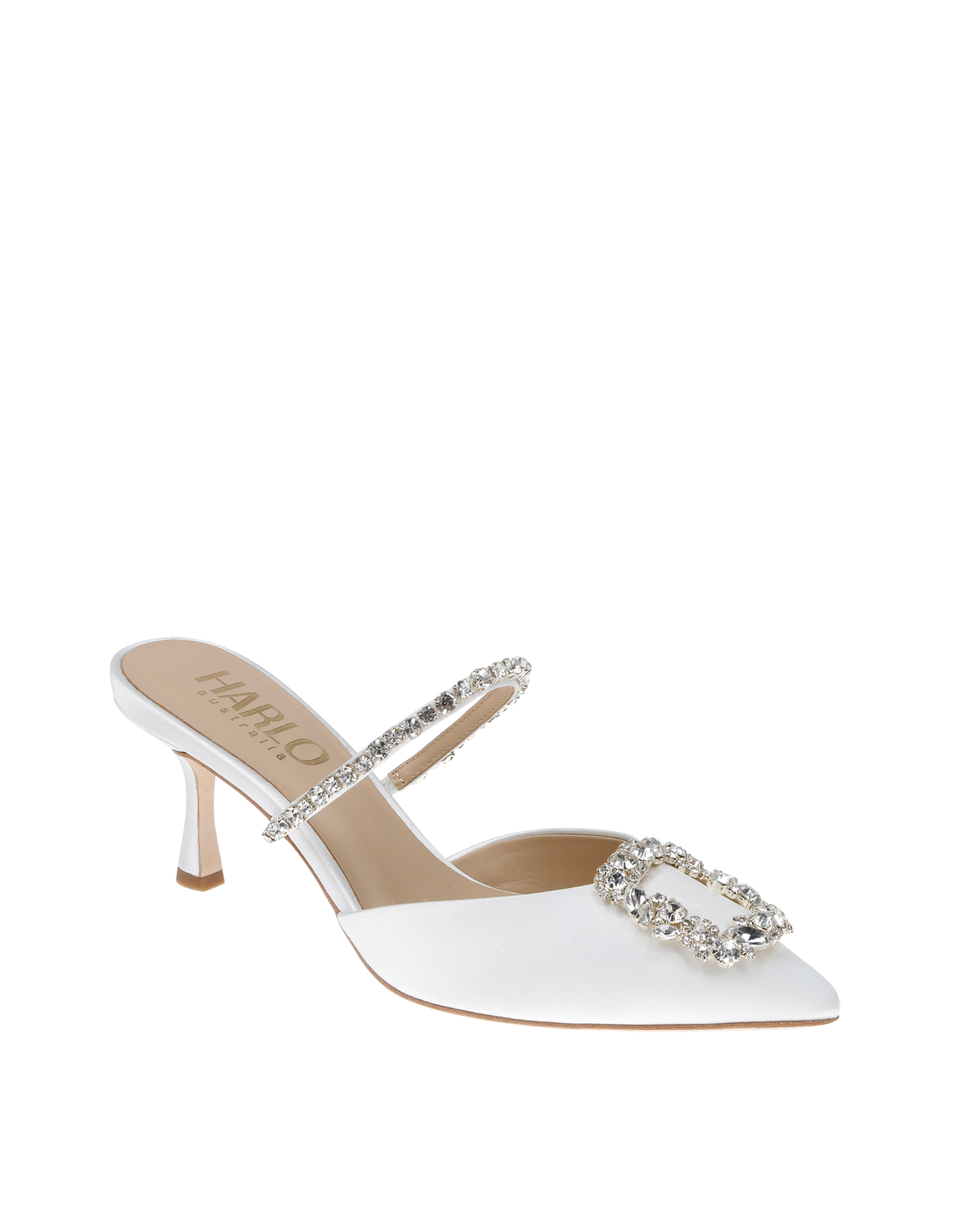 Faith - Pointed Toe Crystal Embellished Kitten Mule - Soft White