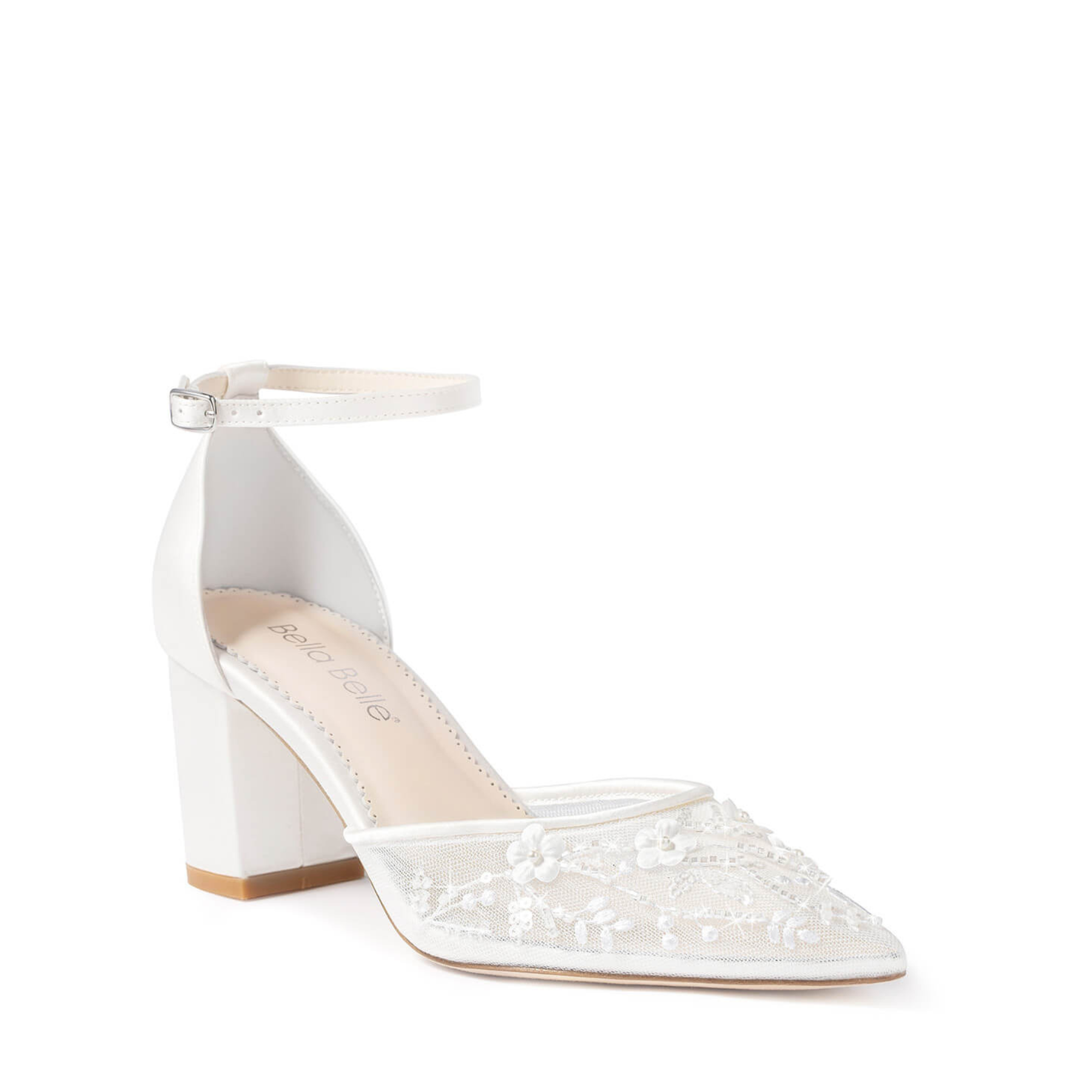 Thea - Floral Illusion Mesh Closed Toe Block Heels - Ivory