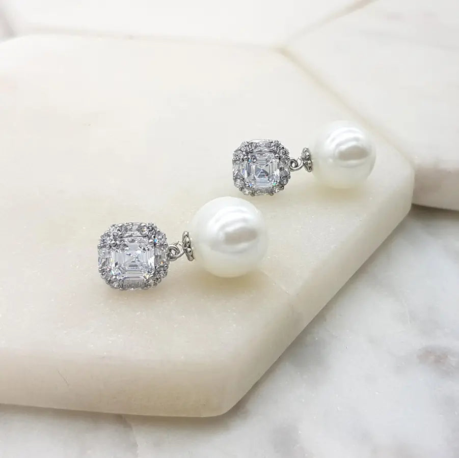 Gianna - Crystal Pearl Bridal Drop Earrings
