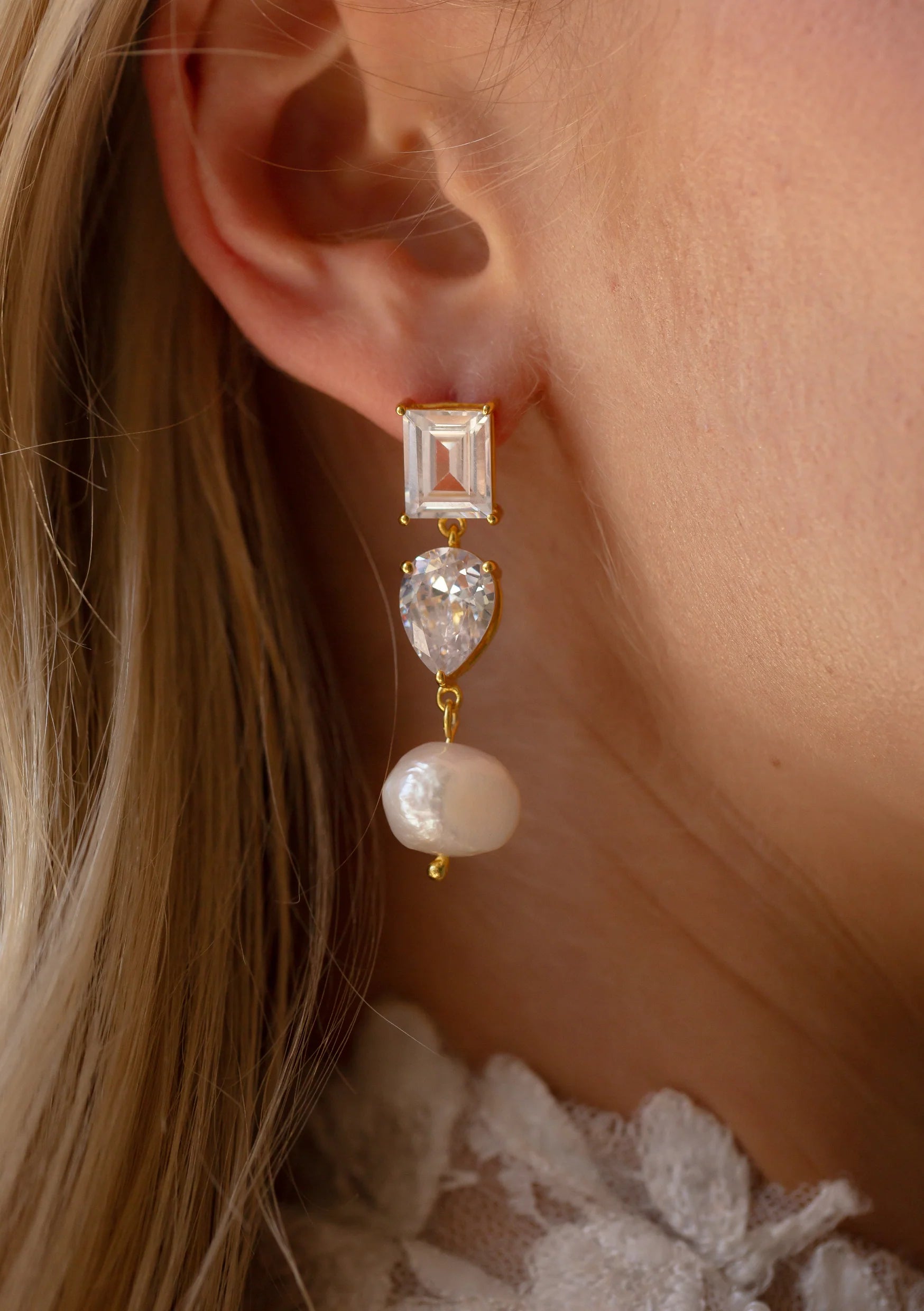 Lola Knight - Charlie - Crystal And Pearl Drop Bridal Earrings - Gold