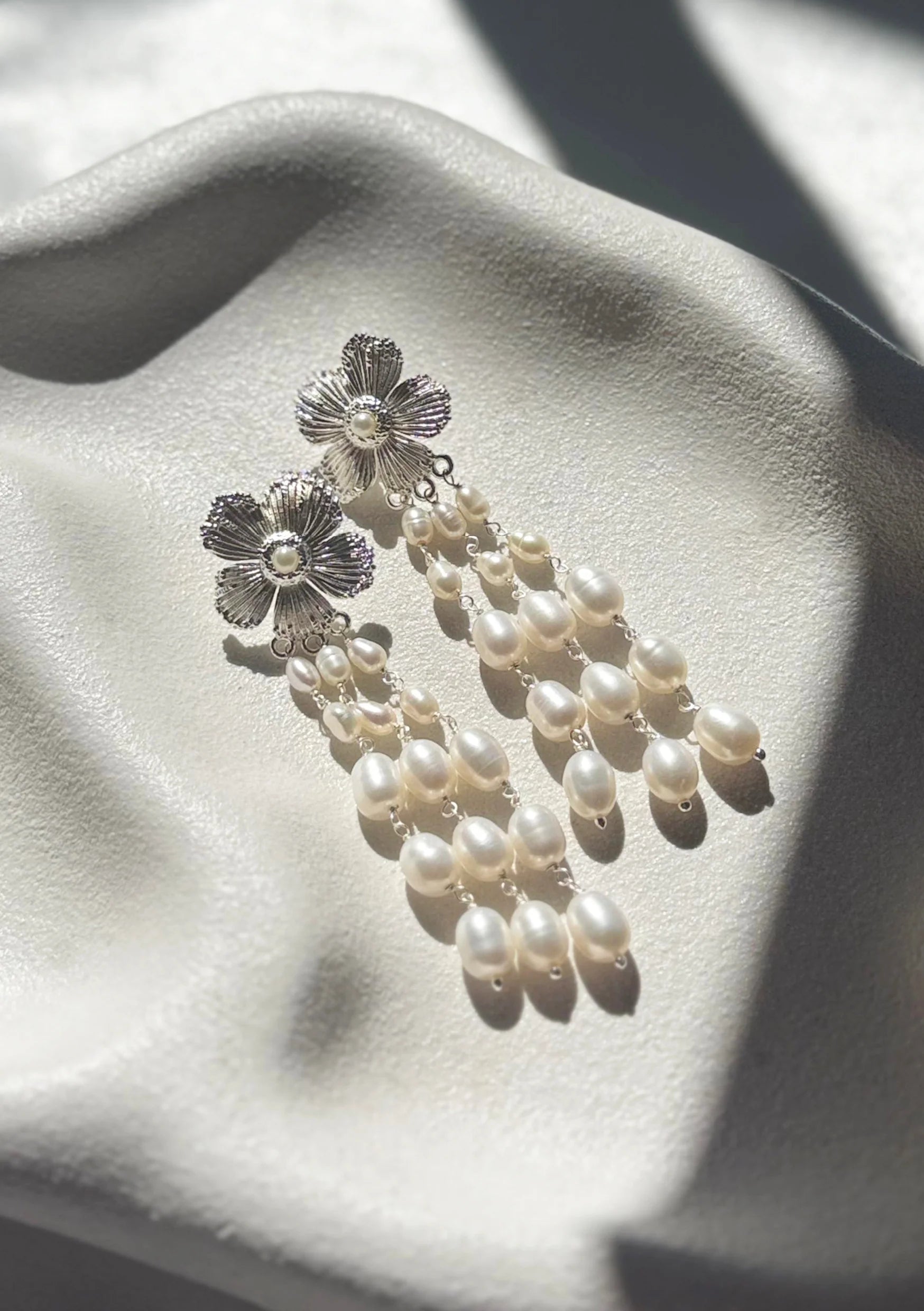 Lola Knight - Delilah - Pearl Bridal Drop Earrings - Silver