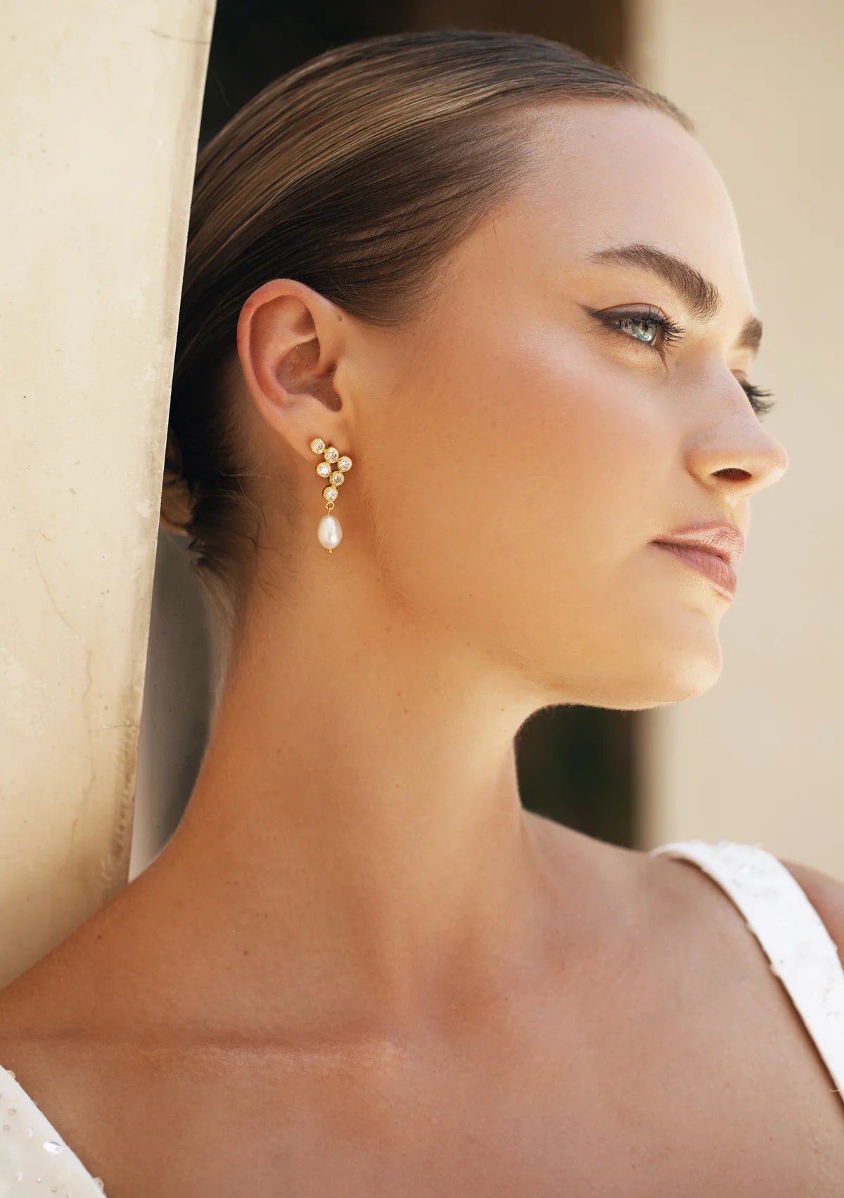 Lola Knight - Elena - Crystal & Pearl Drop Bridal Earrings - 18K Gold