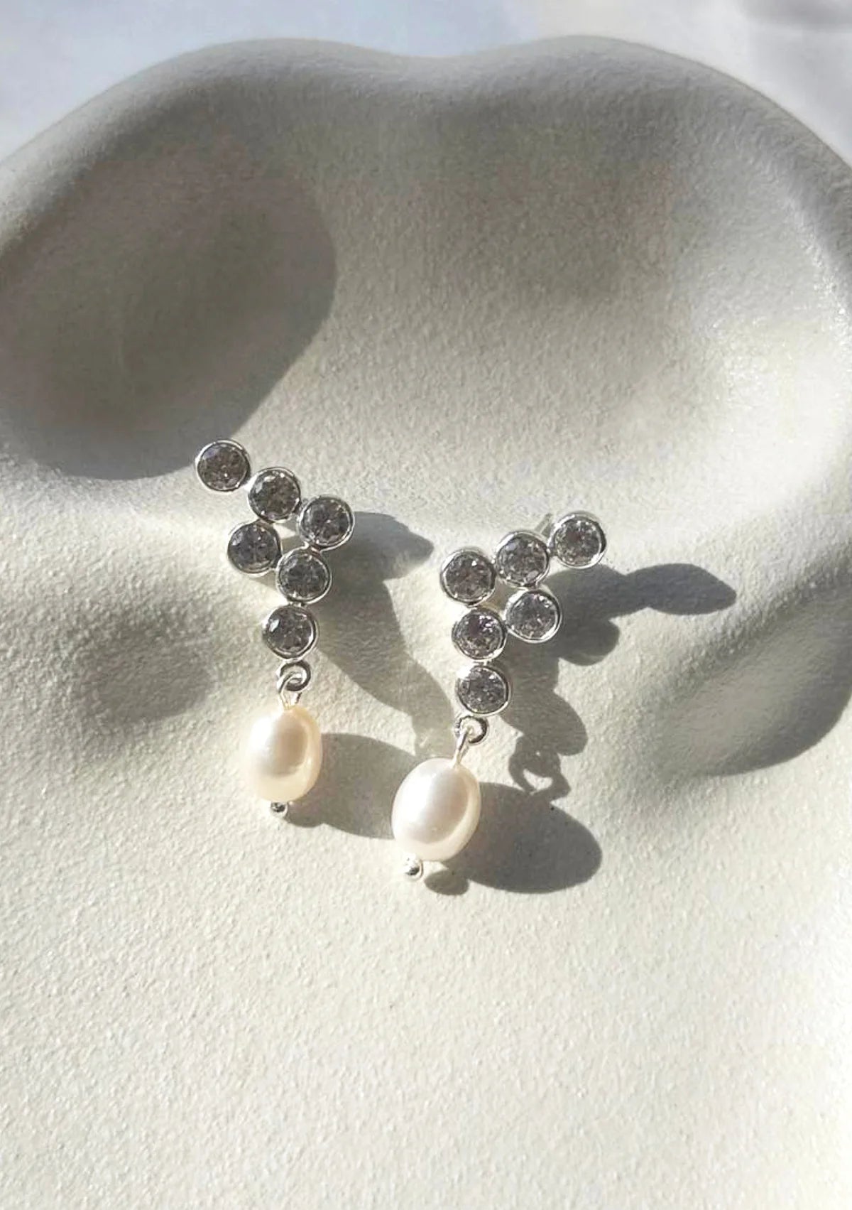 Lola Knight - Elena - Crystal & Pearl Bridal Drop Earrings - Silver