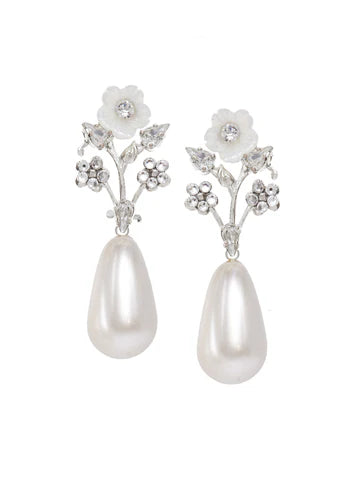 Elizabeth Bower - Anemone Crystal & Pearl Bauble Drop - Rhodium Silver