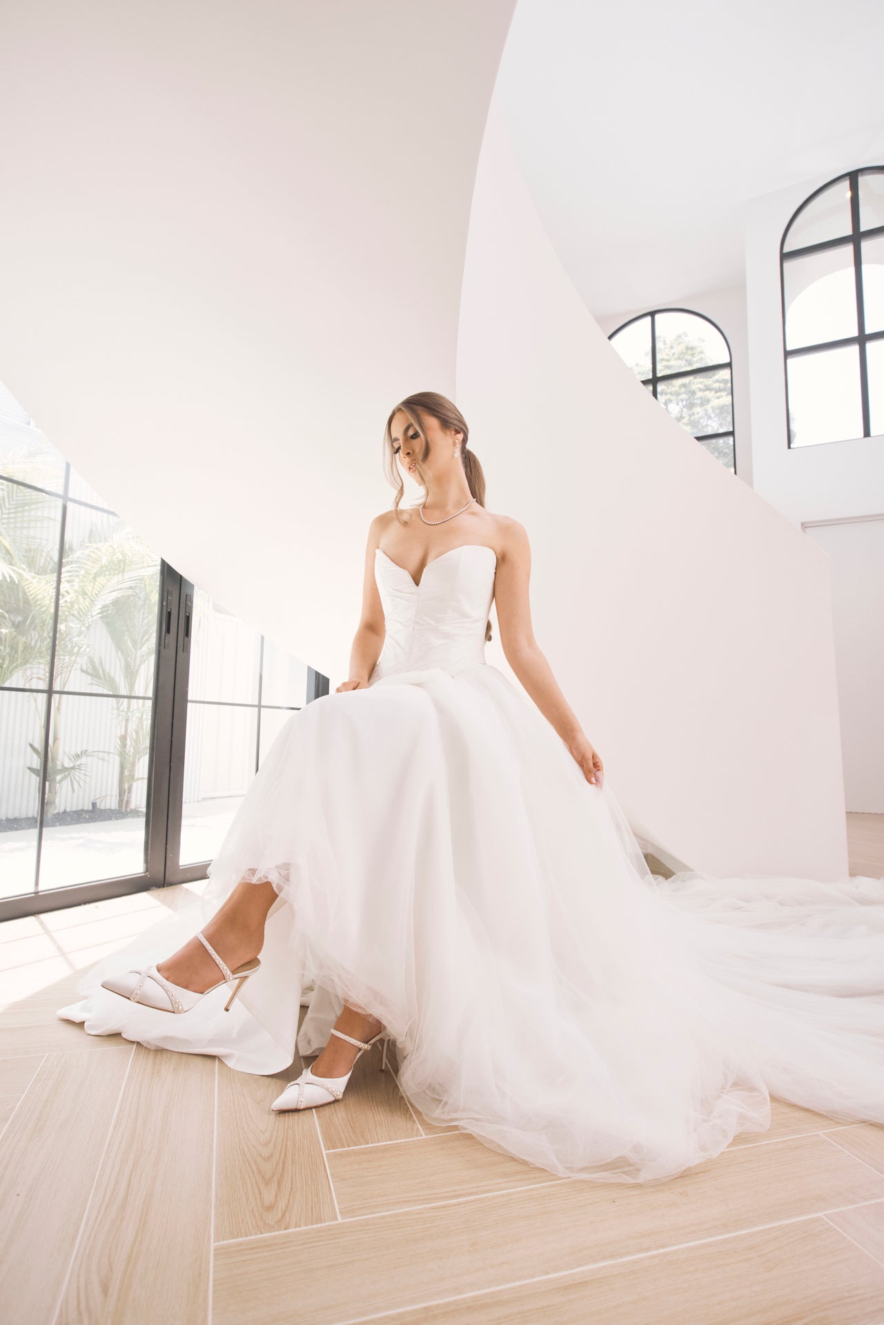 Grace - Pearl Embellished Stiletto Mule Heels - Soft White