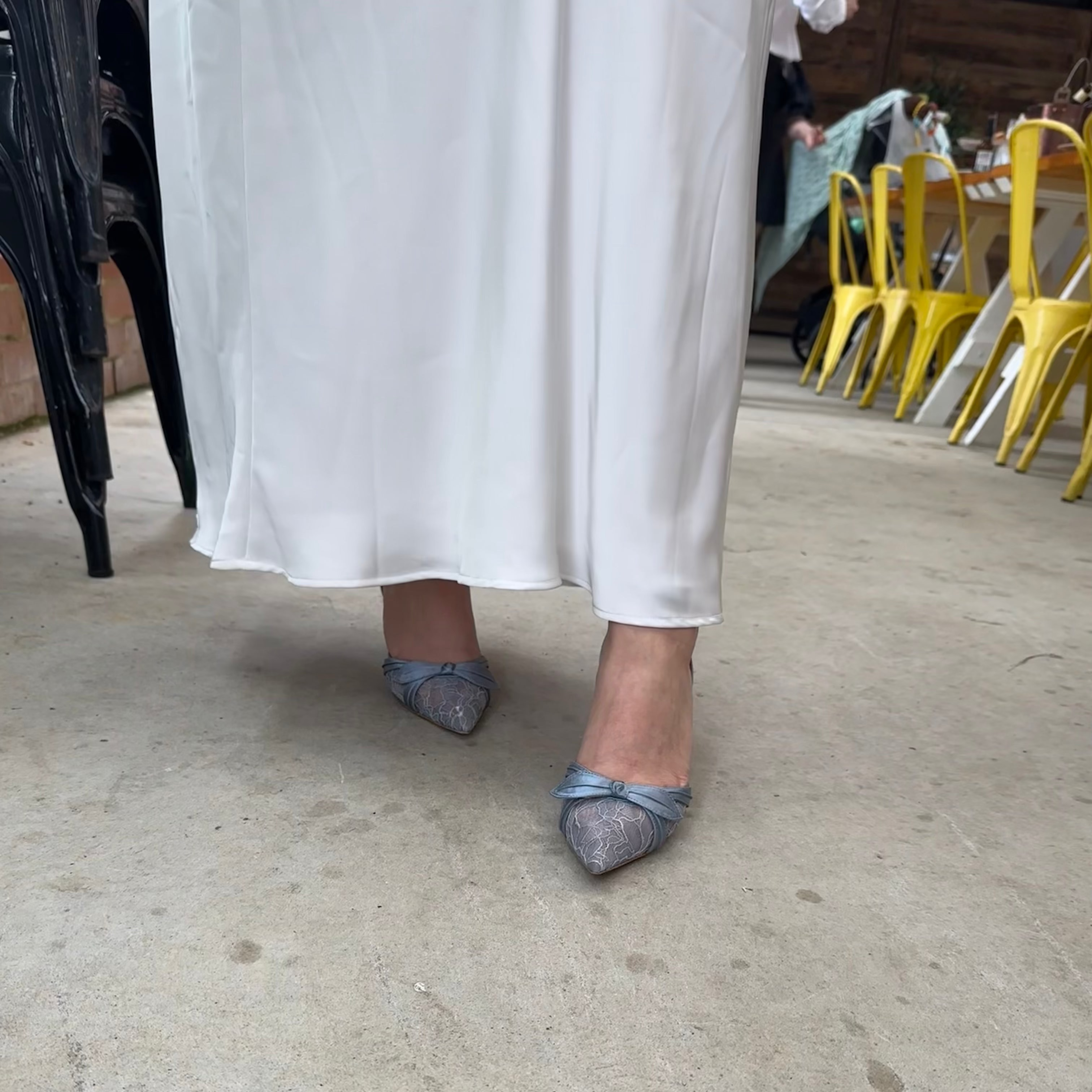 Josie - Pointed Toe Lace Ankle Strap Pumps - Ice Blue