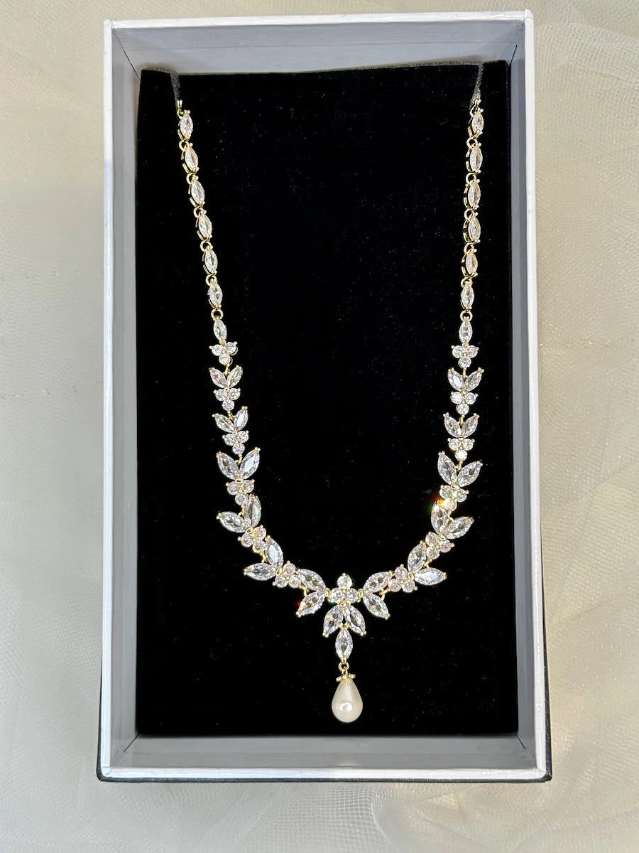 Courtney Pearl - Statement Crystal and Pearl Bridal Necklace
