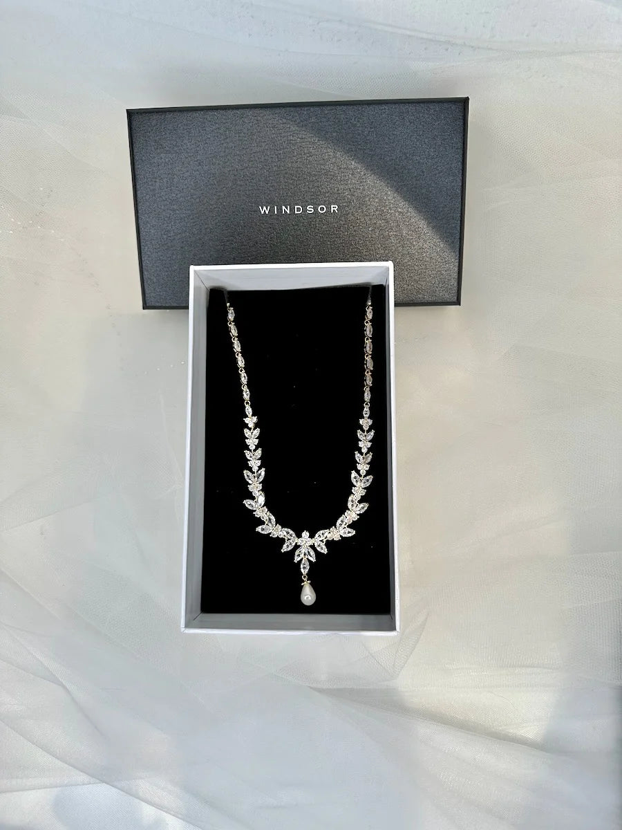 Courtney Pearl - Statement Crystal and Pearl Bridal Necklace
