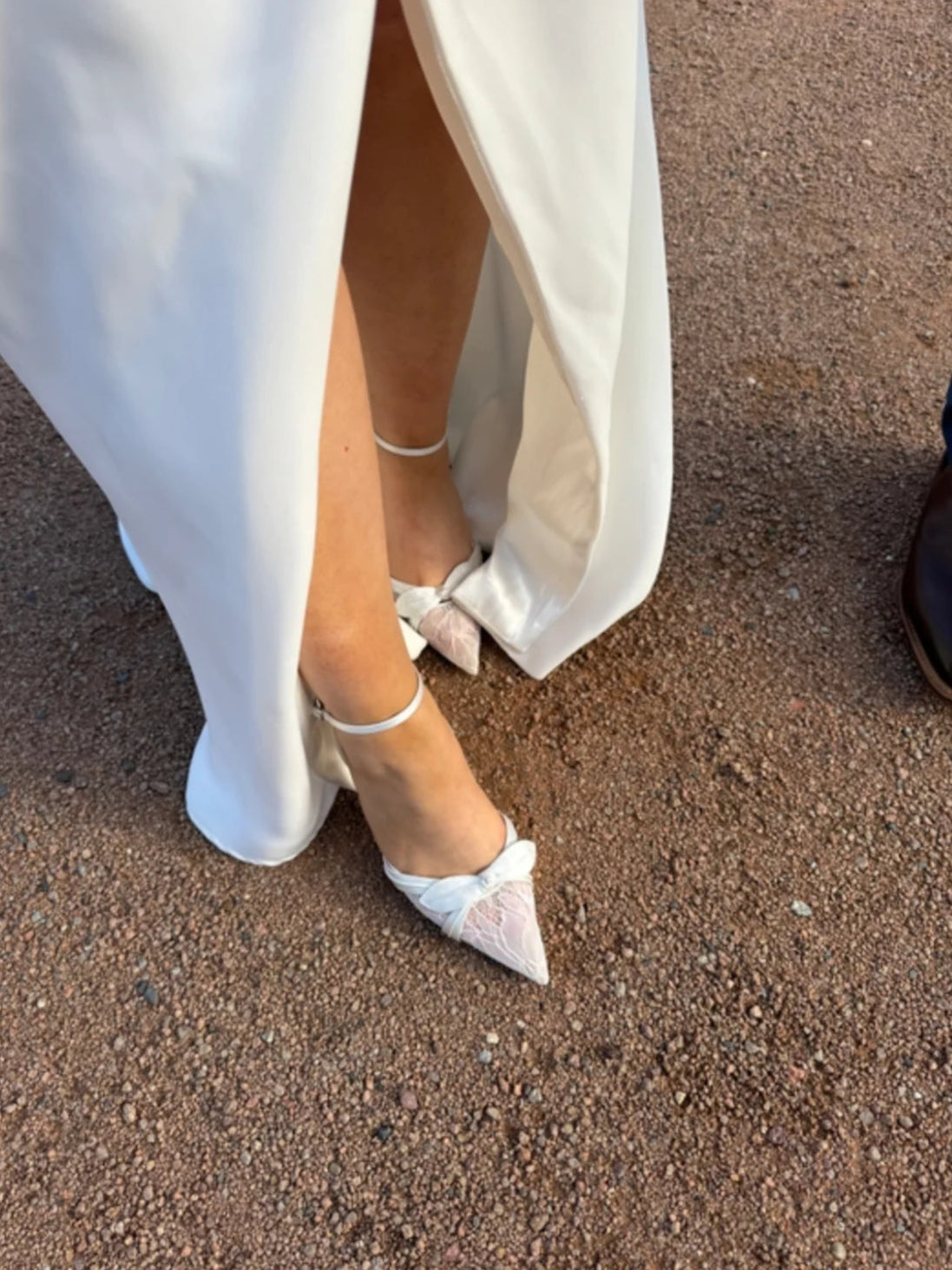 Josie - Pointed Toe Lace Ankle Strap Pumps - Soft White