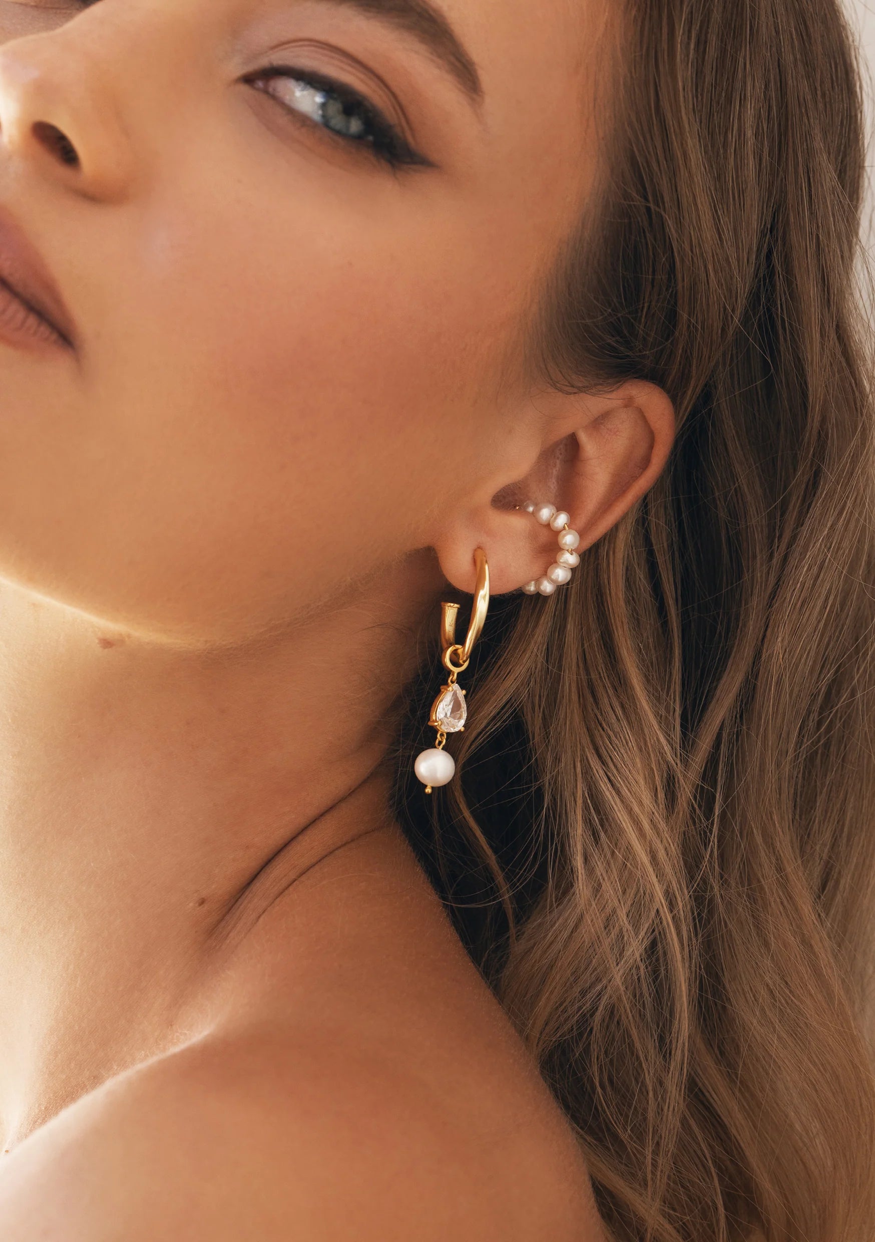 Lola Knight - Riley - Crystal & Pearl Bridal Drop Earrings - 18K Gold