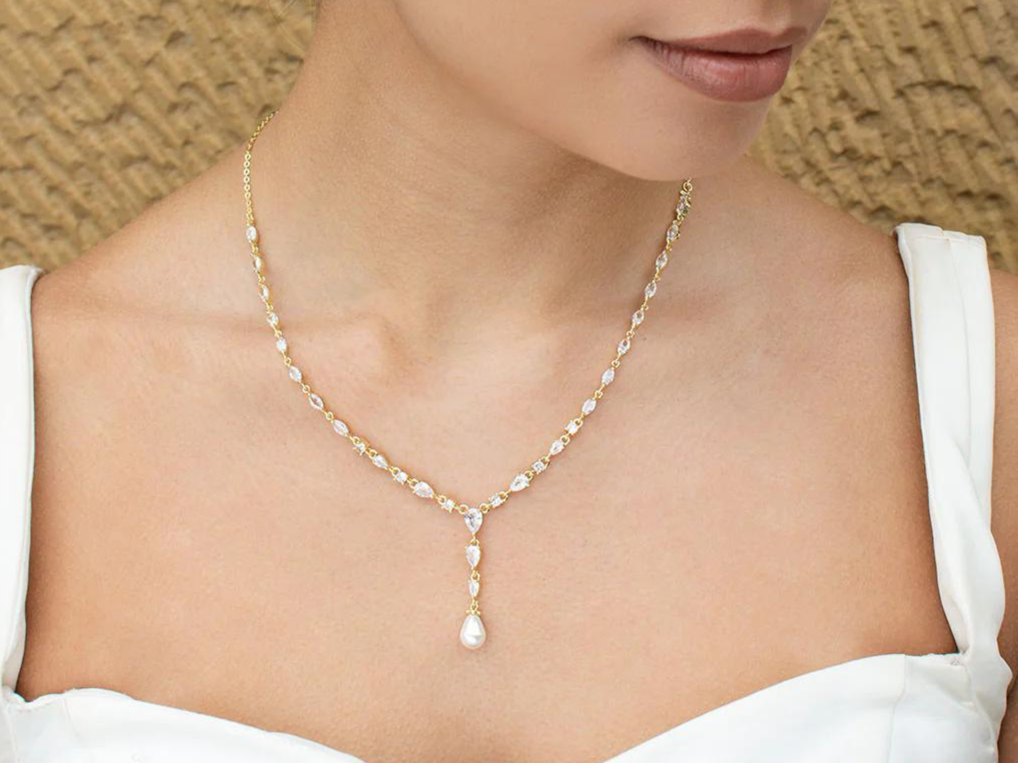 Siena - Delicate Crystal and Plunging Pearl Drop Bridal Necklace - Gold