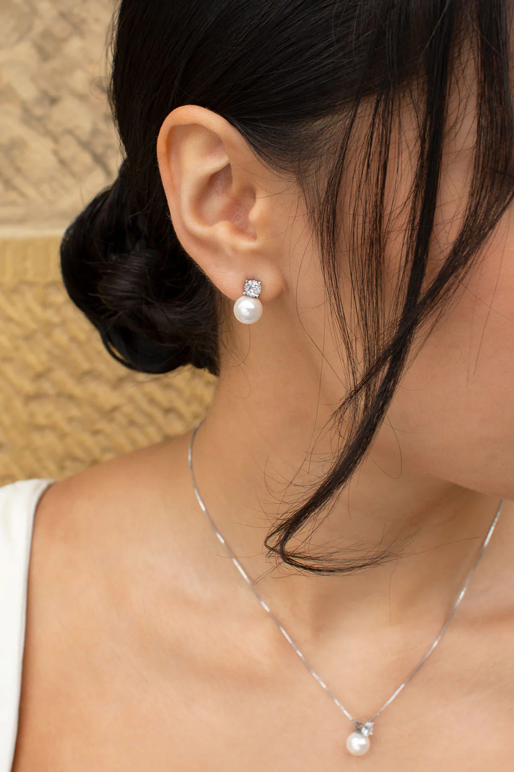 Anna - Delicate Crystal and Pearl Drop Bridal Necklace - Silver