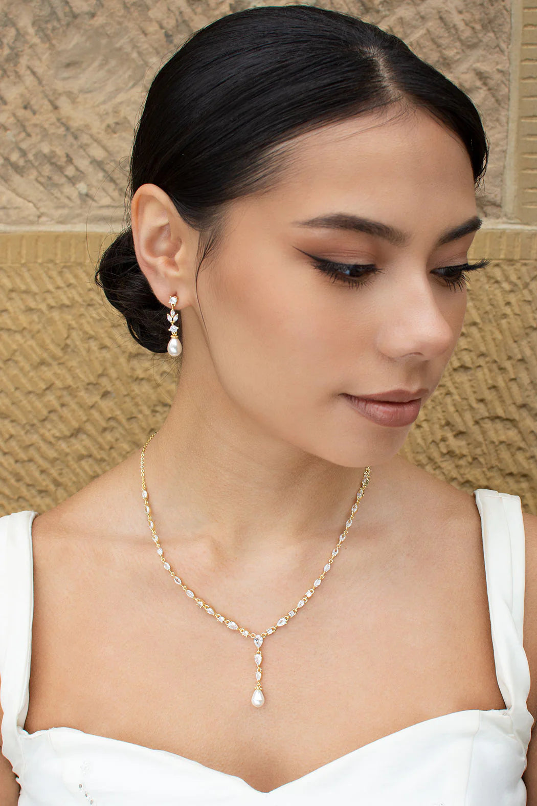 Siena - Delicate Crystal and Plunging Pearl Drop Bridal Necklace - Gold