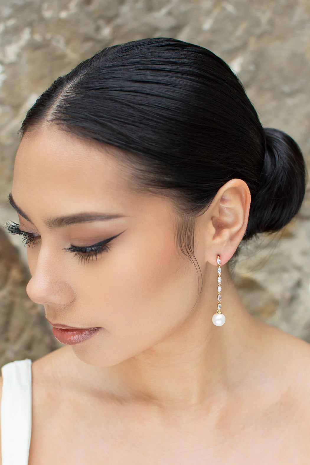 Melanie - Long Drop Navette Crystal and Pearl Bridal Earrings