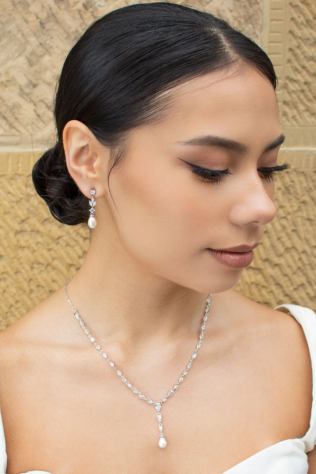 Siena - Delicate Crystal and Plunging Pearl Drop Bridal Necklace - Silver