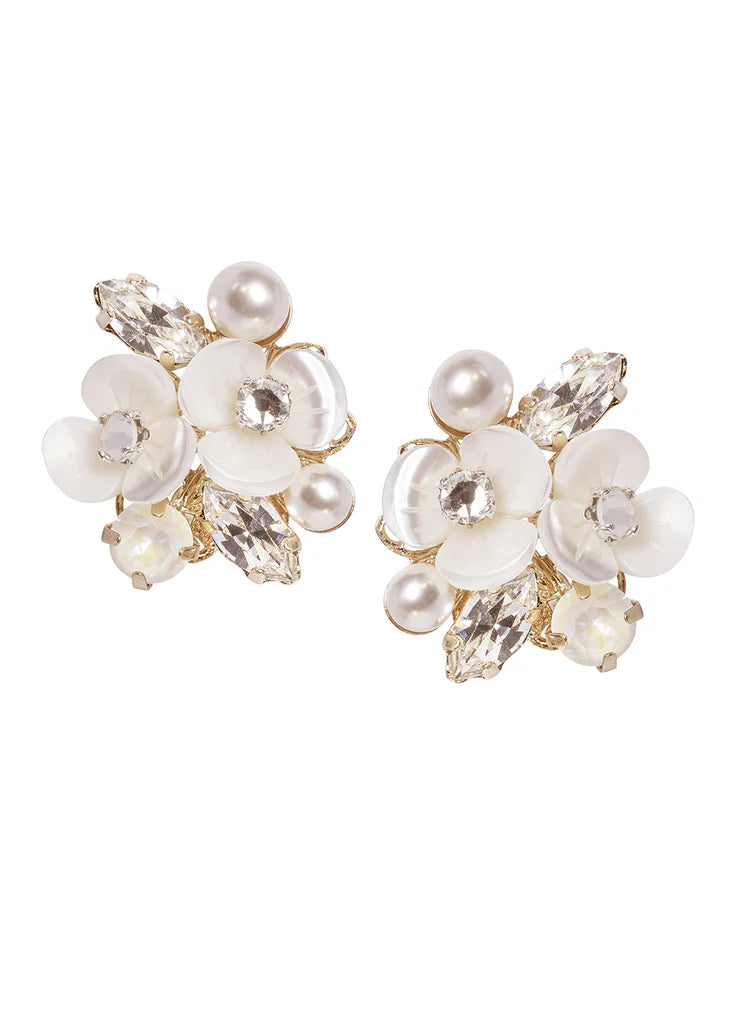 Elizabeth Bower - Trillium Pearl & Crystal Cluster Stud - Gold
