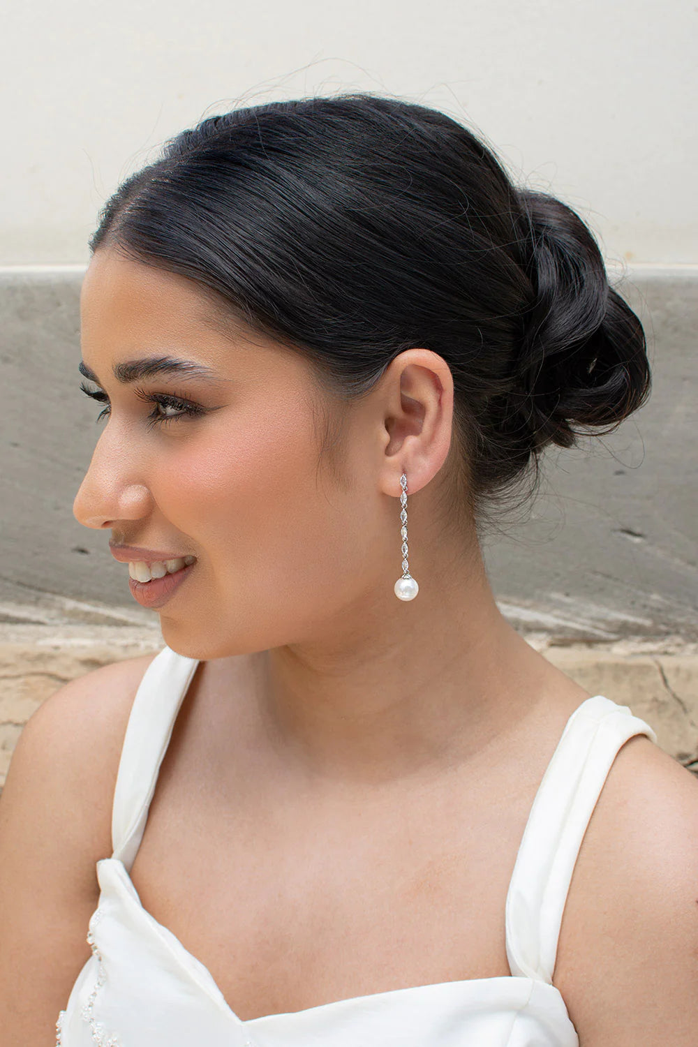 Melanie - Long Drop Navette Crystal and Pearl Bridal Earrings