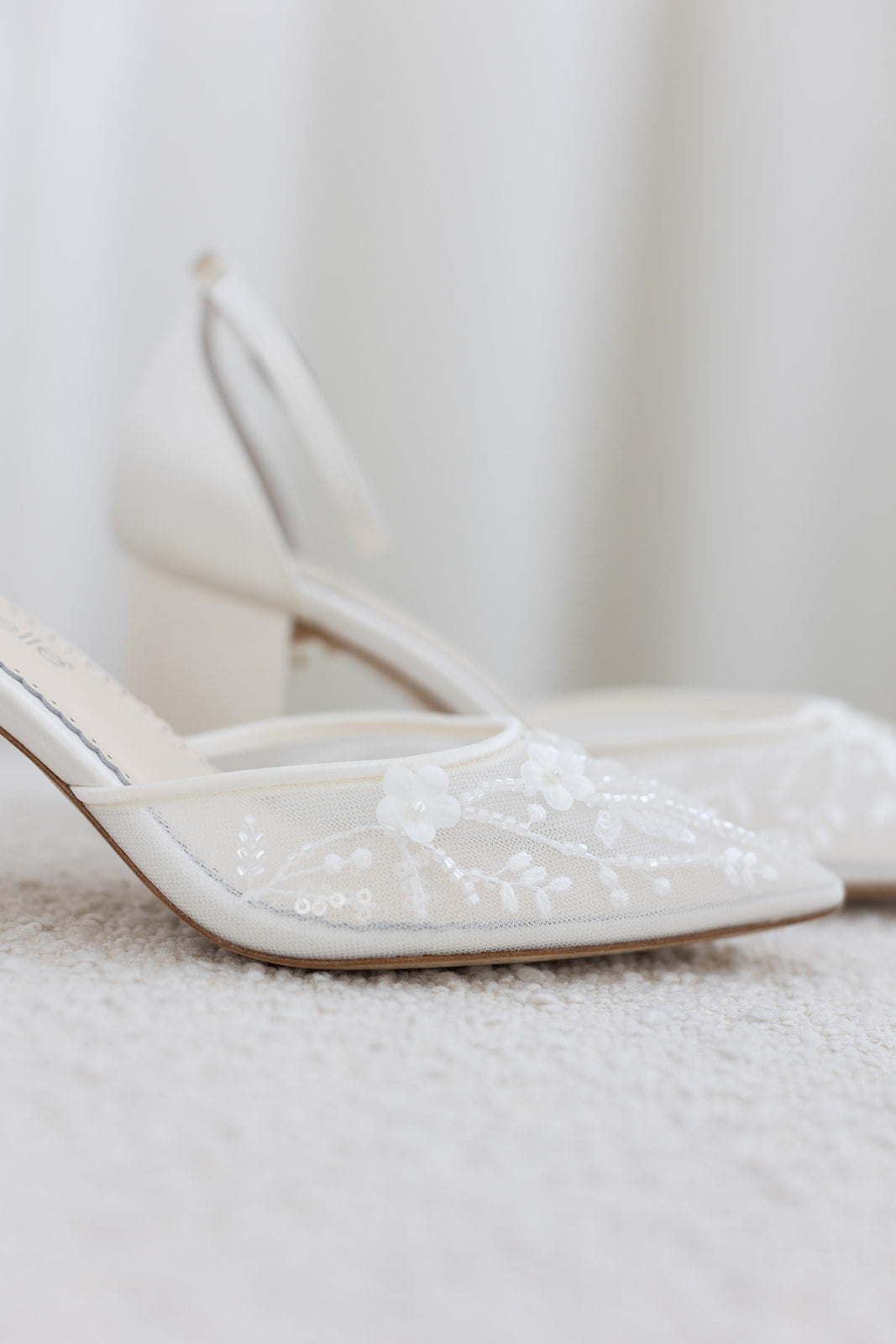 Thea - Floral Illusion Mesh Closed Toe Block Heels - Ivory