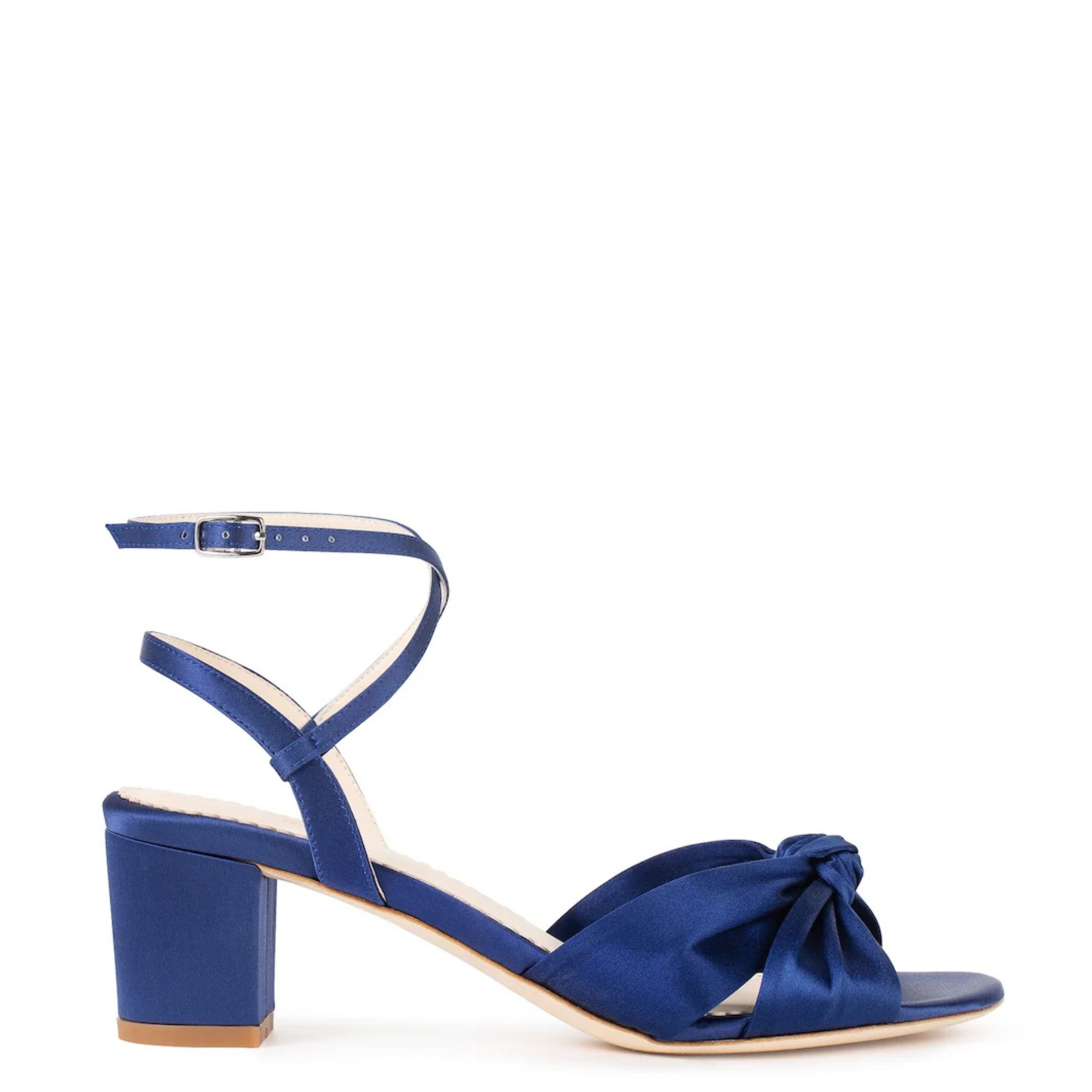 Sally - Blue Silk Knotted Bow Block Heel Sandals
