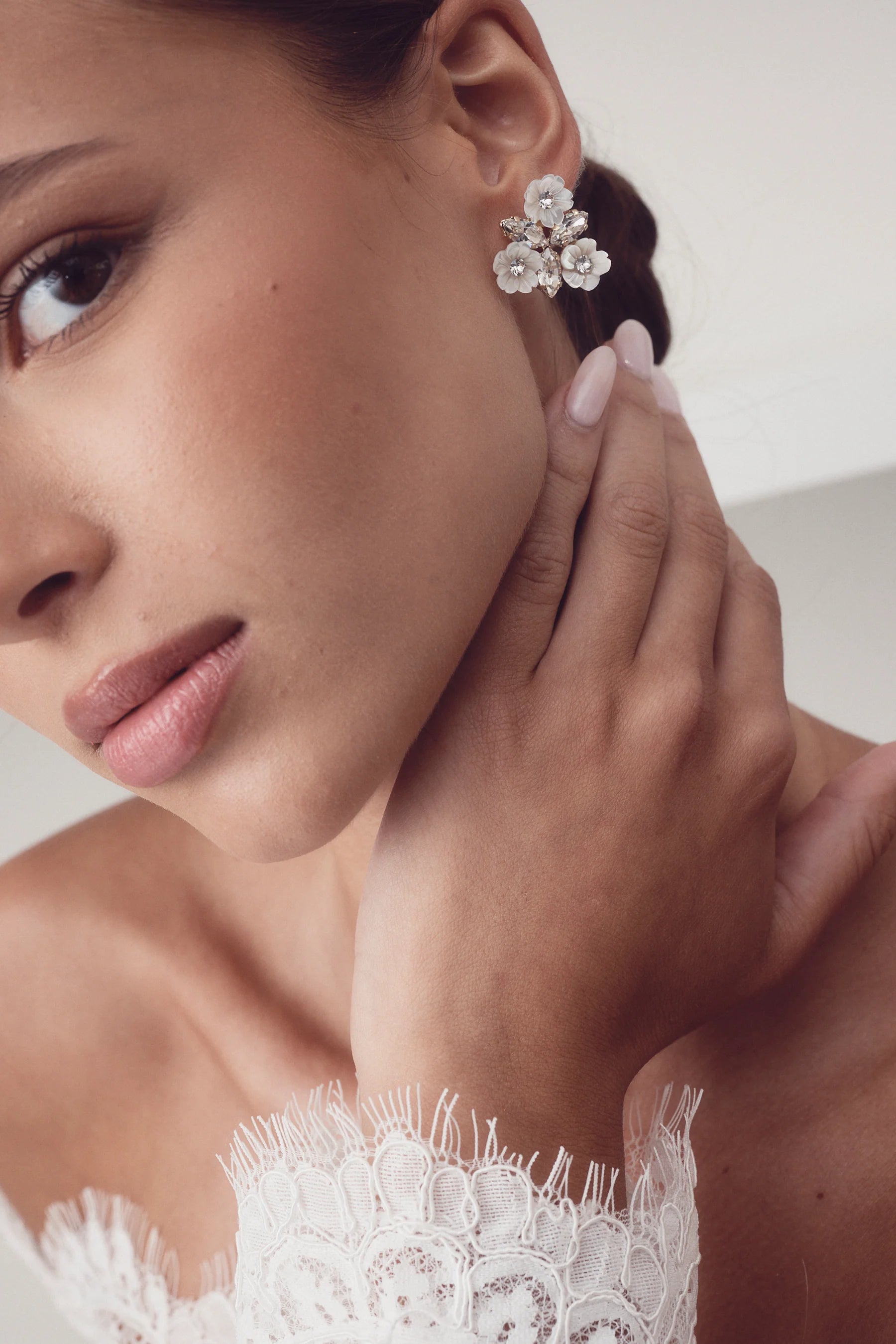 Elizabeth Bower - Juliette Pearl & Crystal Flower Stud - Rhodium Silver