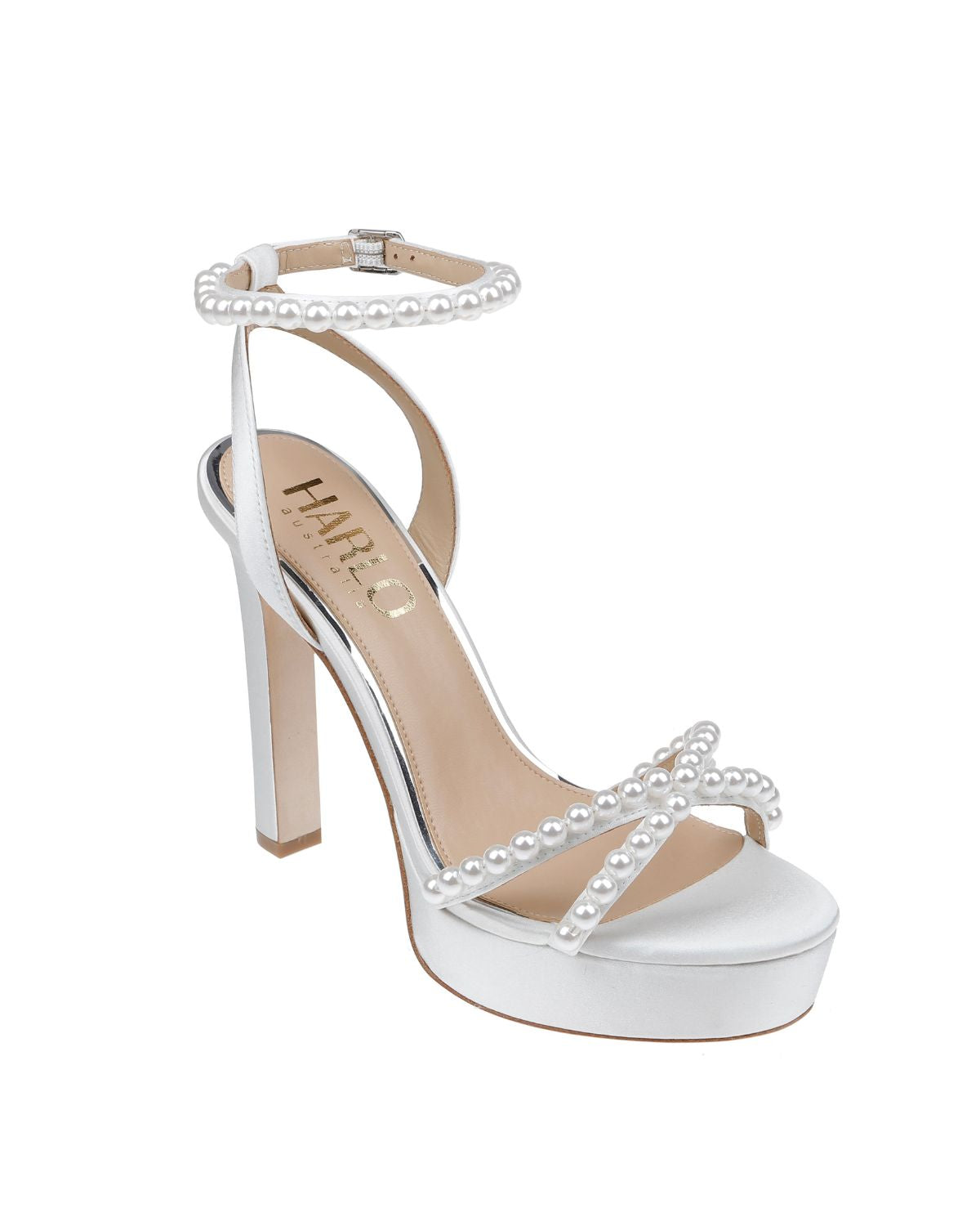 Eva - Cross Over Pearl Block Heel Platform - White