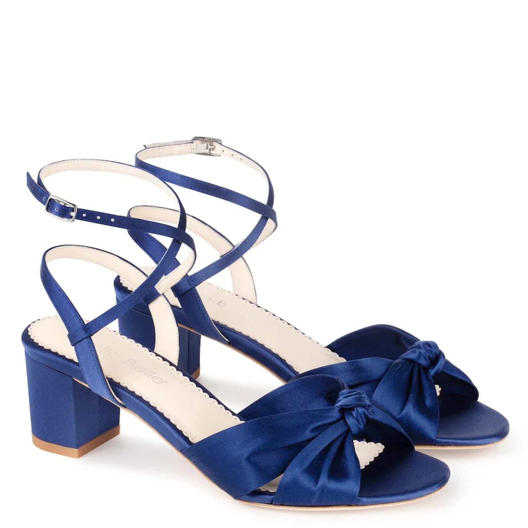 Sally - Blue Silk Knotted Bow Block Heel Sandals