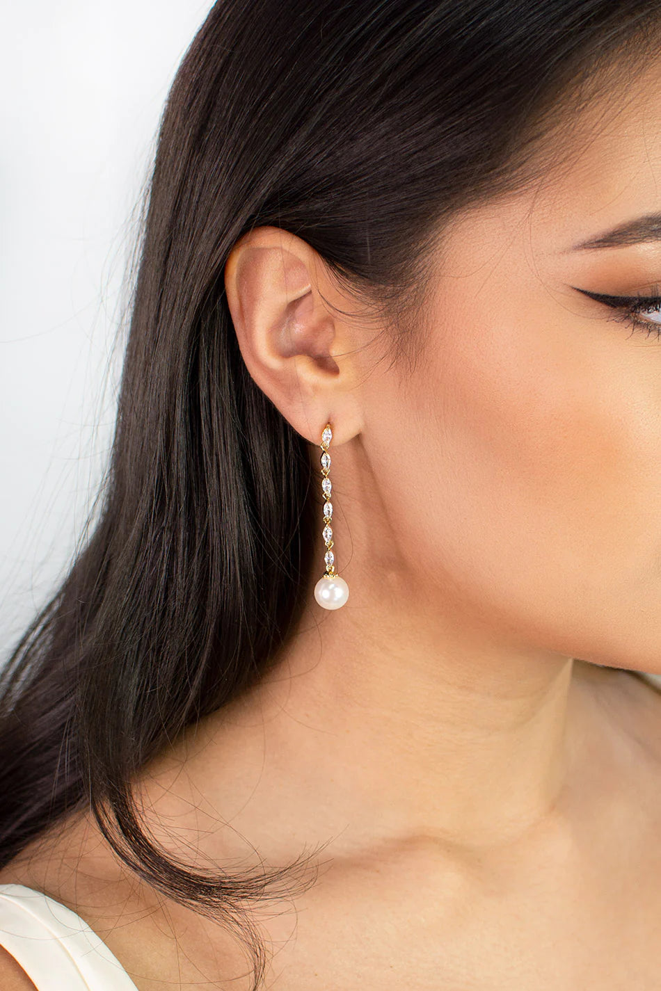 Melanie - Long Drop Navette Crystal and Pearl Bridal Earrings