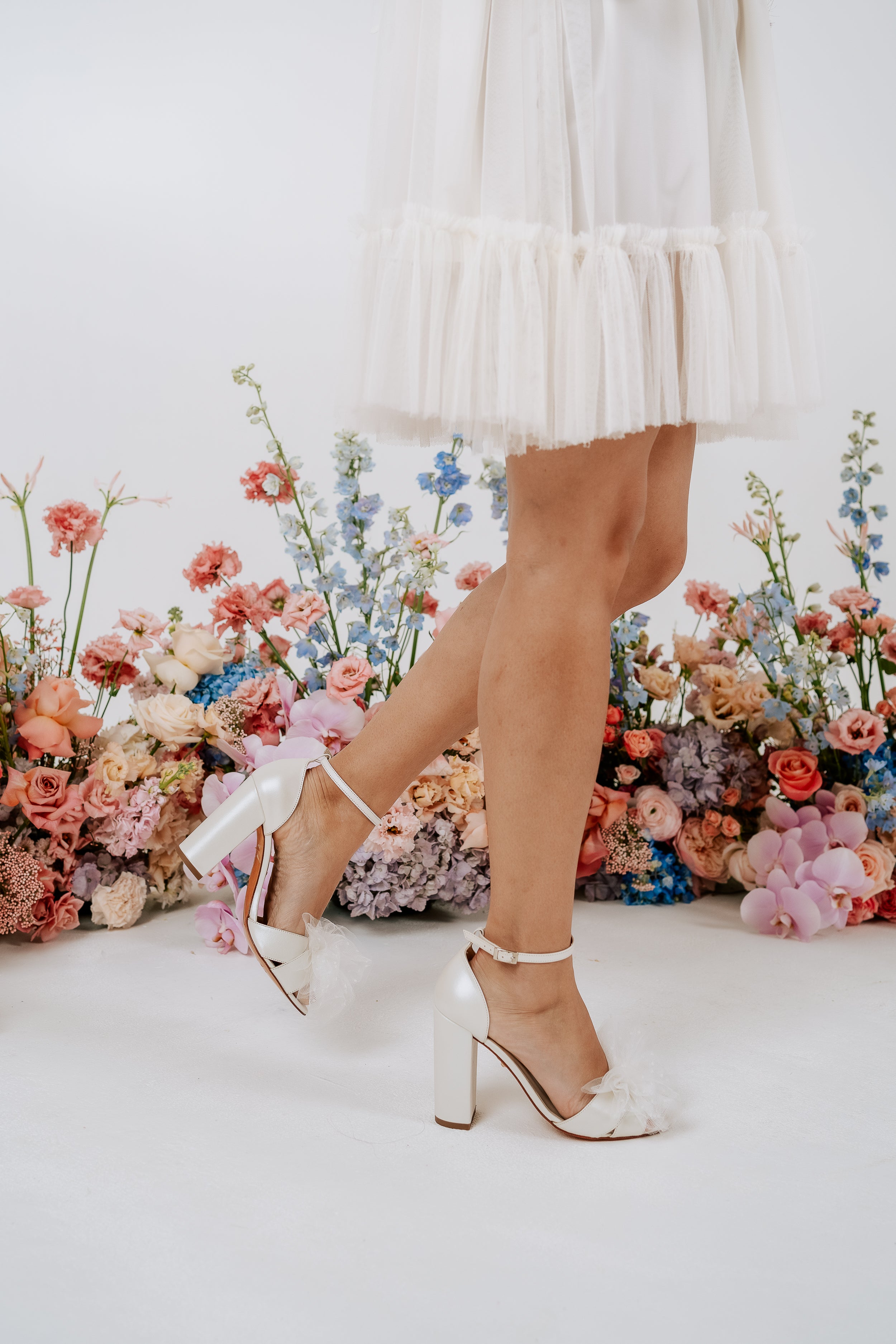 Indi - Ivory Tulle Bow Bridal Block Heel - Size 8 Only